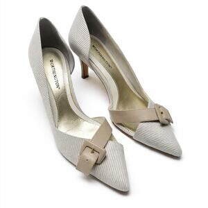 Worthington Pointed-Toe Heels Neutral Gray Stripe Buckle Pump Workwear Classic
